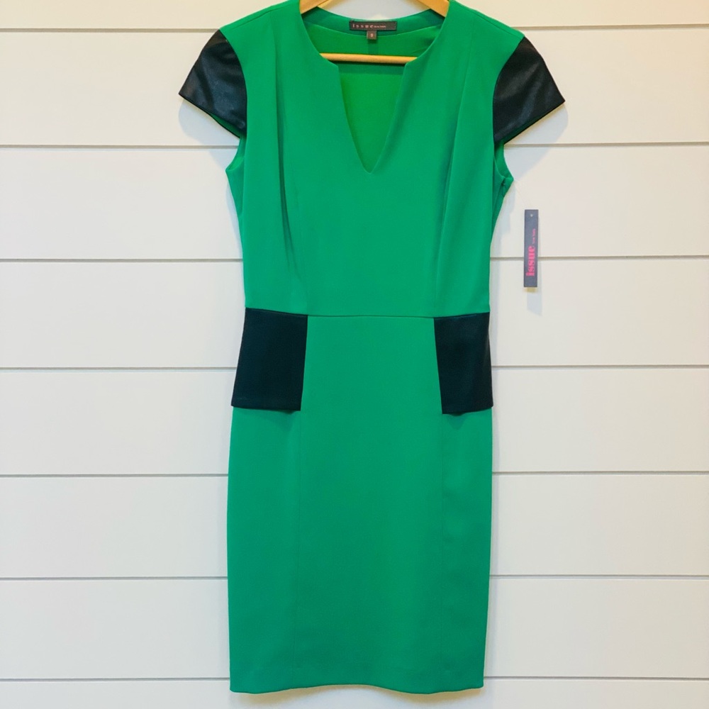 Issue New York Peplum Green Dress Pleather Cap Sleeve and Waist Small